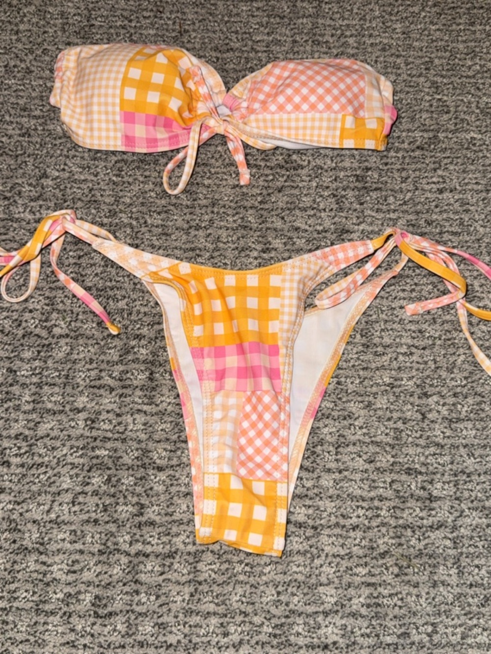 SHEIN Yellow Pink Gingham Patchwork Tie-Side Bikini